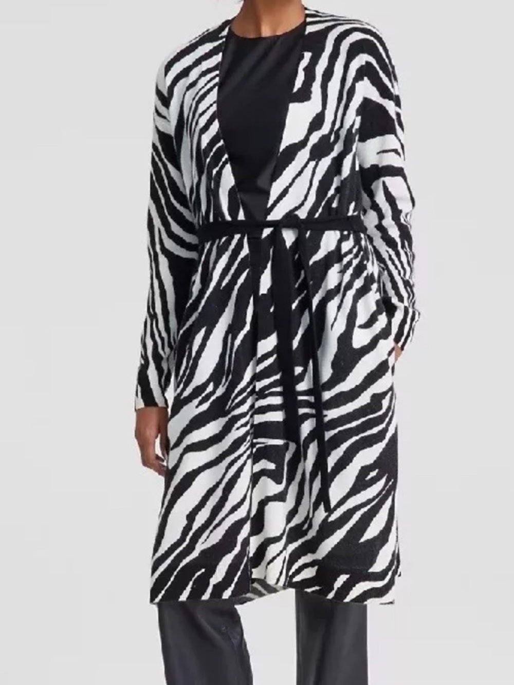 Charter Club Zebra-Print Belted Long Cardigan - Black & White